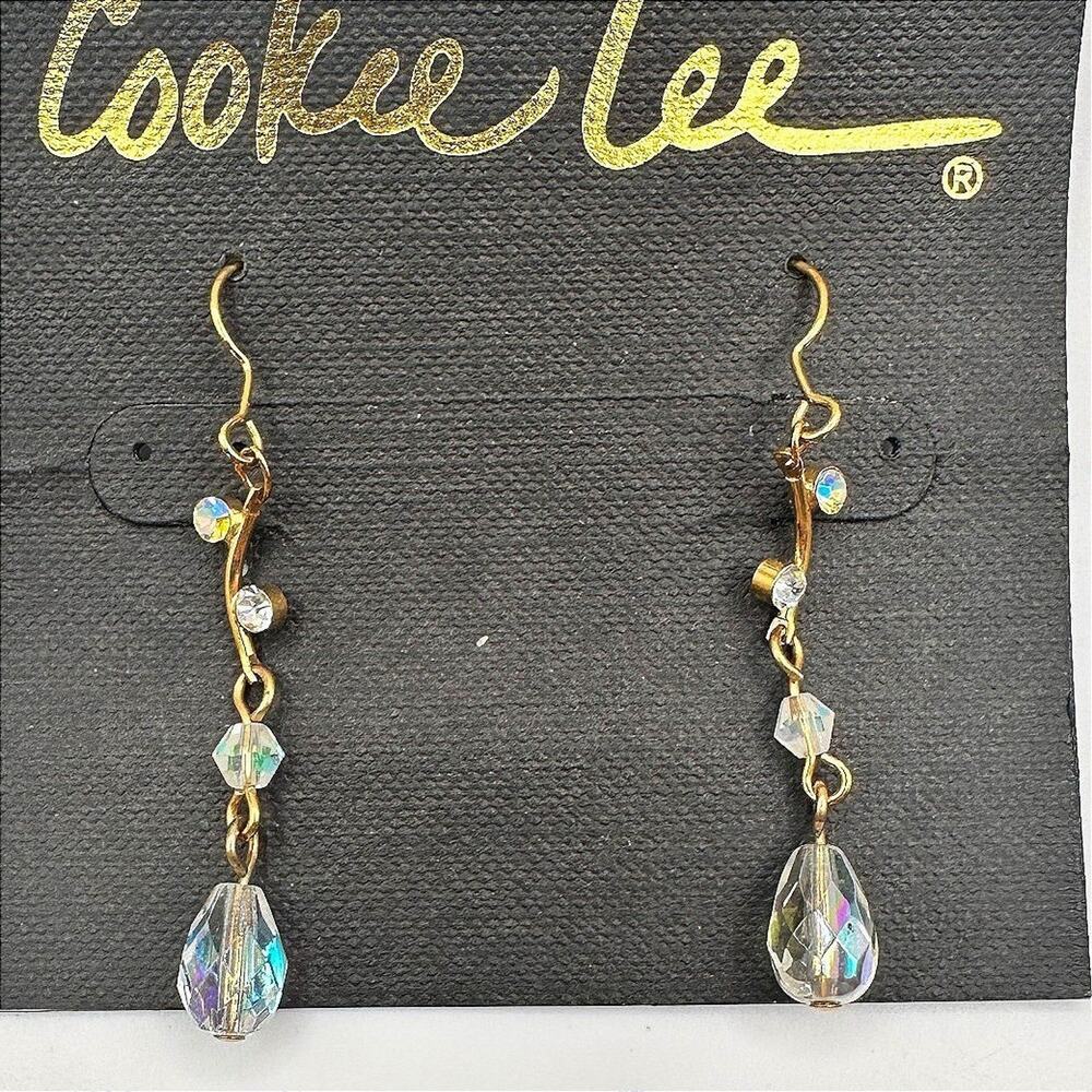 Vintage 90s Cookie Lee Gold Tone Clear Teardrop Dangle Earrings Jewelry